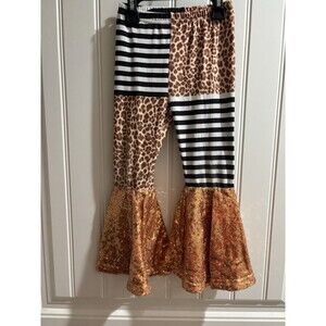 Dash Of Glitter Bell Bottom Pants Girls Sz 4/5 Leopard print, Striped, Sequins